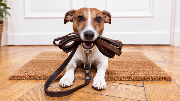 Jack Russell terrier sitting on a doormat holding a leather leash in its mouth