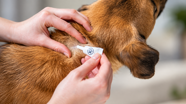 Owner applying a flea treatment pipette to the back of a dog's neck