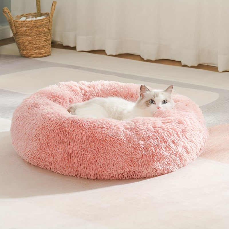 Fluffy Round Donut Cat Bed Calming Plush Pet Nest All Seasons