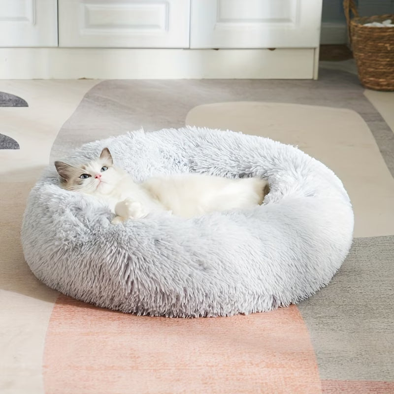 Fluffy Round Donut Cat Bed Calming Plush Pet Nest All Seasons
