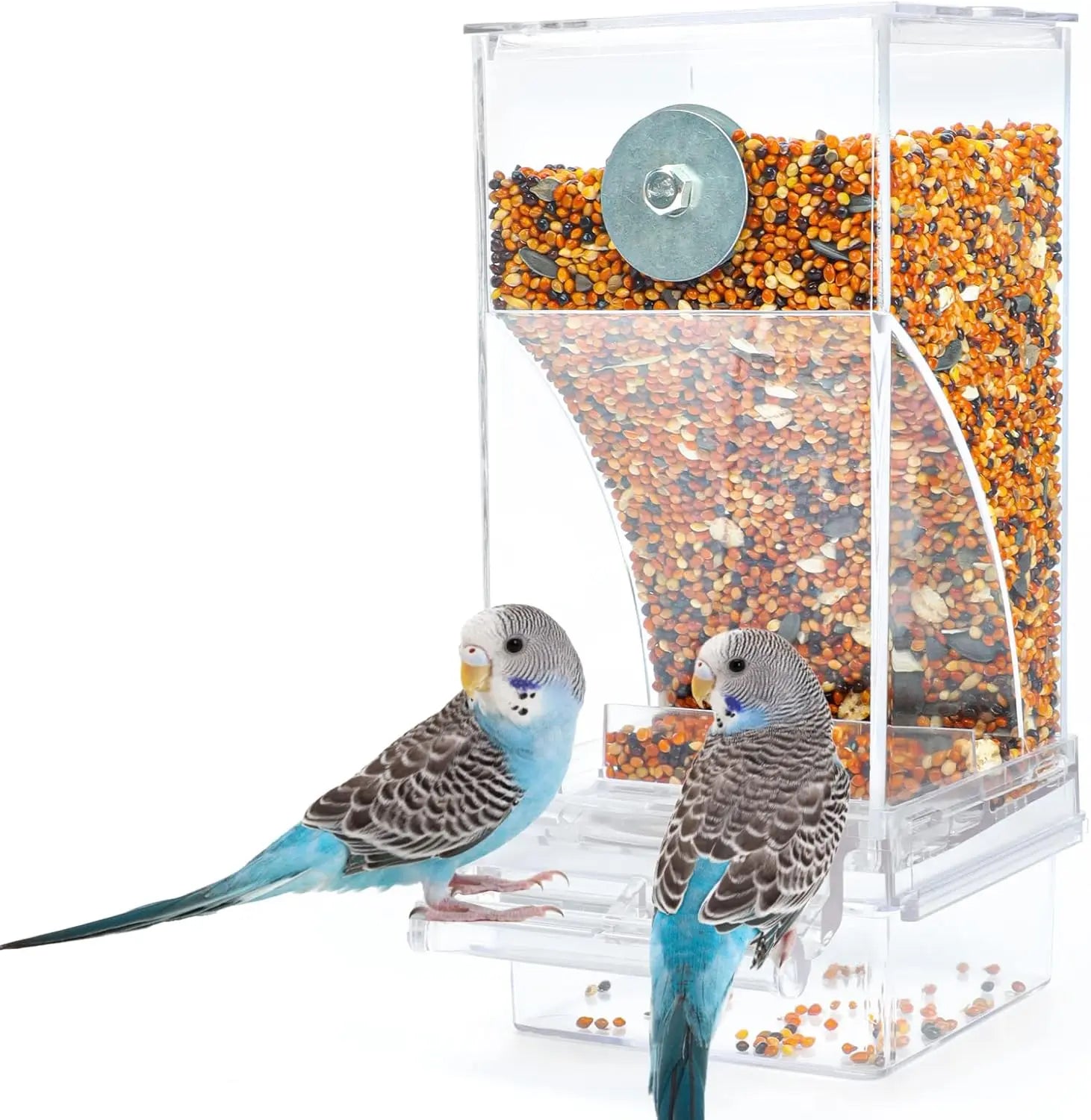 Automatic Bird Feeder Toy Transparent Acrylic Food Container for Parrots Cockatoos Canaries Cage Accessories Easy to Use