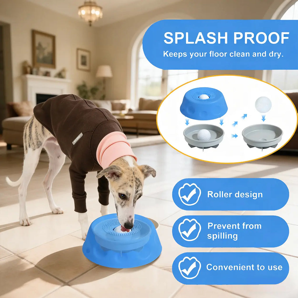 Dog Slow Feeder Bowl with Rolling Ball, No Mess Liquid Treat Lick Bowl, 2-In-1 Enrichment Feeder with Suction Cups