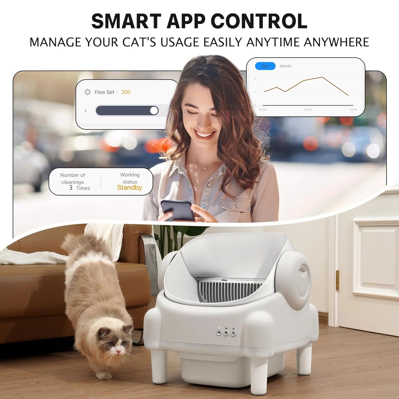 TAYACICY Self - Cleaning Litter Box Open-Top with App Control for Multiple Cats 16.5"X16.5" Entrance Dual Safety Tech 10.5L Sealed Waste Bin Cream White