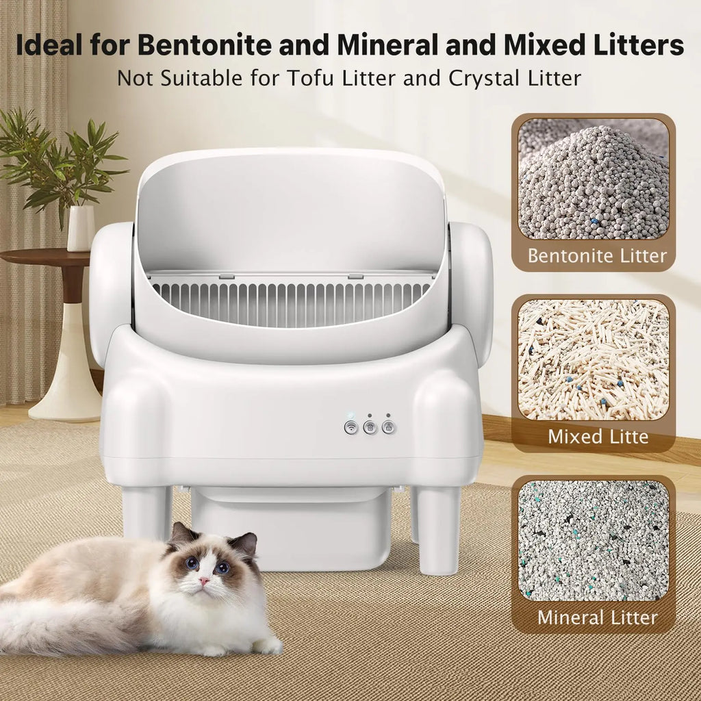 TAYACICY Self - Cleaning Litter Box Open-Top with App Control for Multiple Cats 16.5"X16.5" Entrance Dual Safety Tech 10.5L Sealed Waste Bin Cream White
