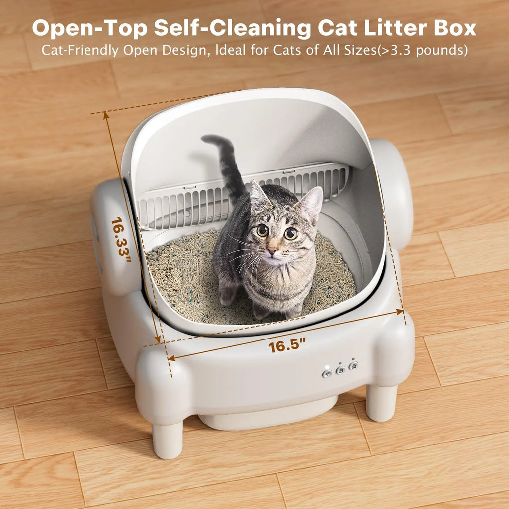TAYACICY Self - Cleaning Litter Box Open-Top with App Control for Multiple Cats 16.5"X16.5" Entrance Dual Safety Tech 10.5L Sealed Waste Bin Cream White