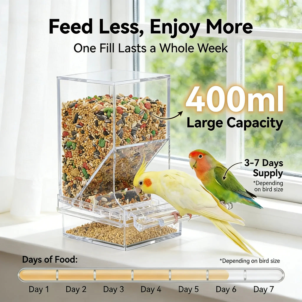 Automatic Bird Feeder Toy Transparent Acrylic Food Container for Parrots Cockatoos Canaries Cage Accessories Easy to Use
