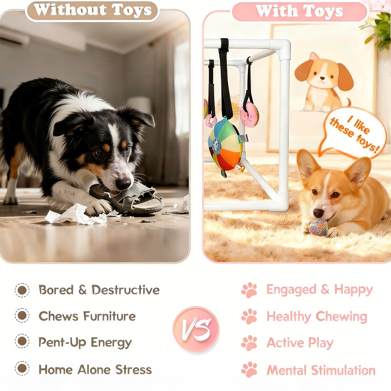 Puppy Play Gym Indoor Dog Playground with 6 Hanging Toys