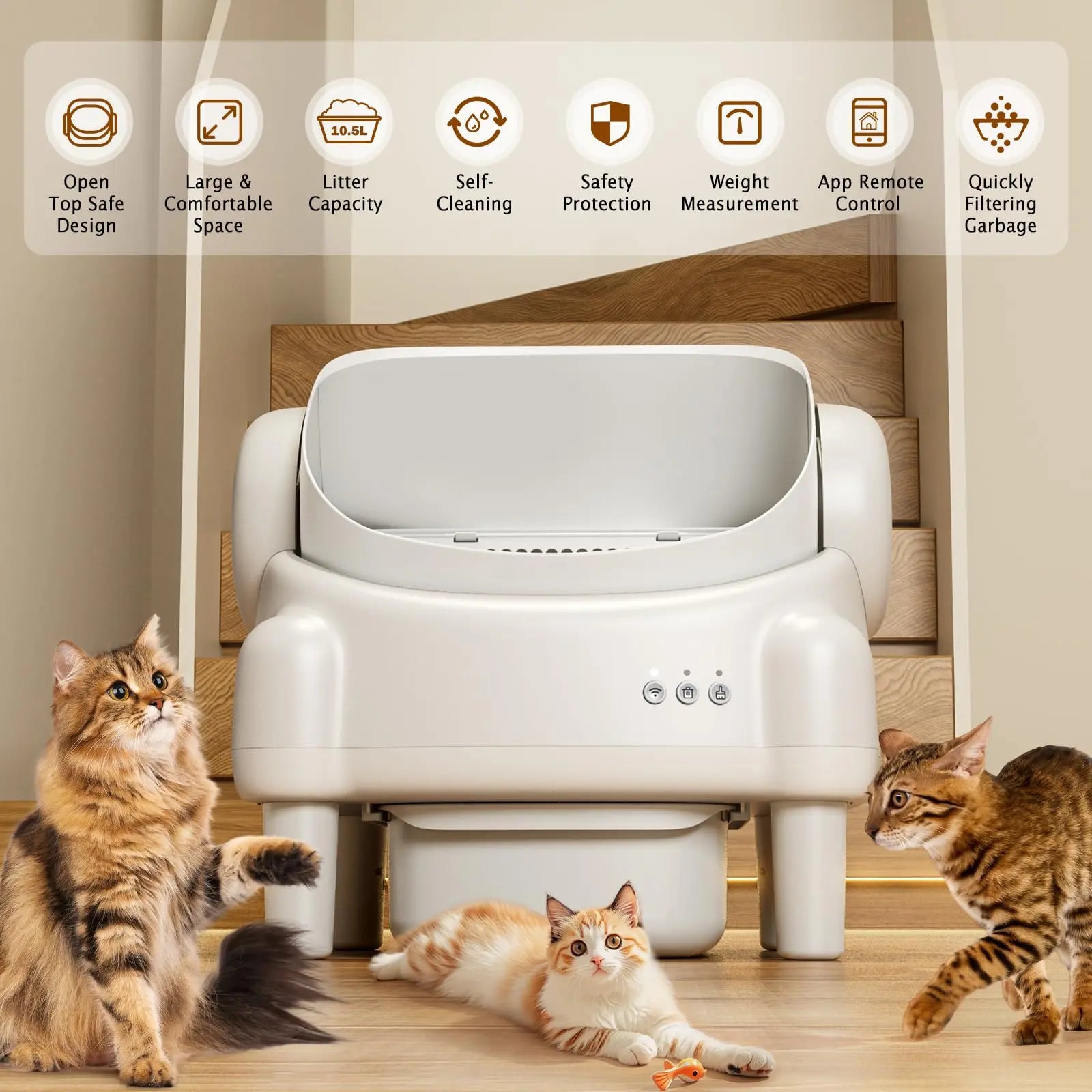 TAYACICY Self - Cleaning Litter Box Open-Top with App Control for Multiple Cats 16.5"X16.5" Entrance Dual Safety Tech 10.5L Sealed Waste Bin Cream White