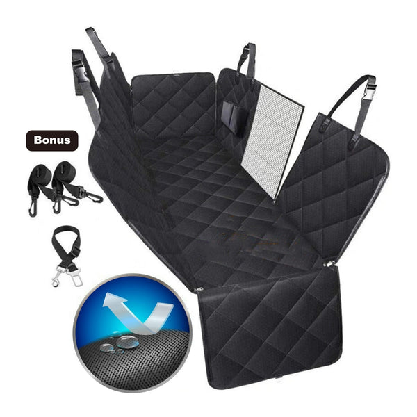 Waterproof dog car seat cover hammock fitted across a rear bench seat