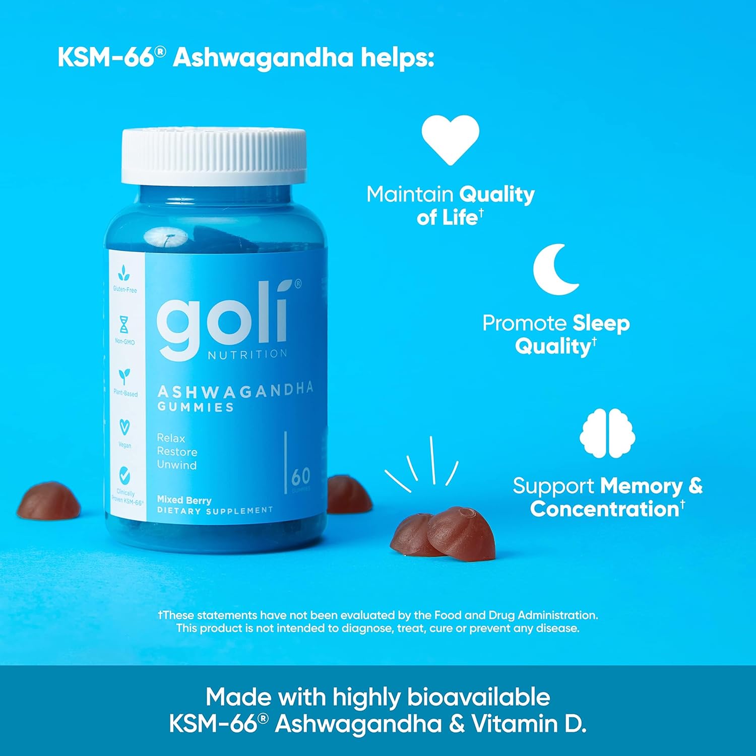 Goli Ashwagandha & Vitamin D Gummies Mixed Berry 60 Count
