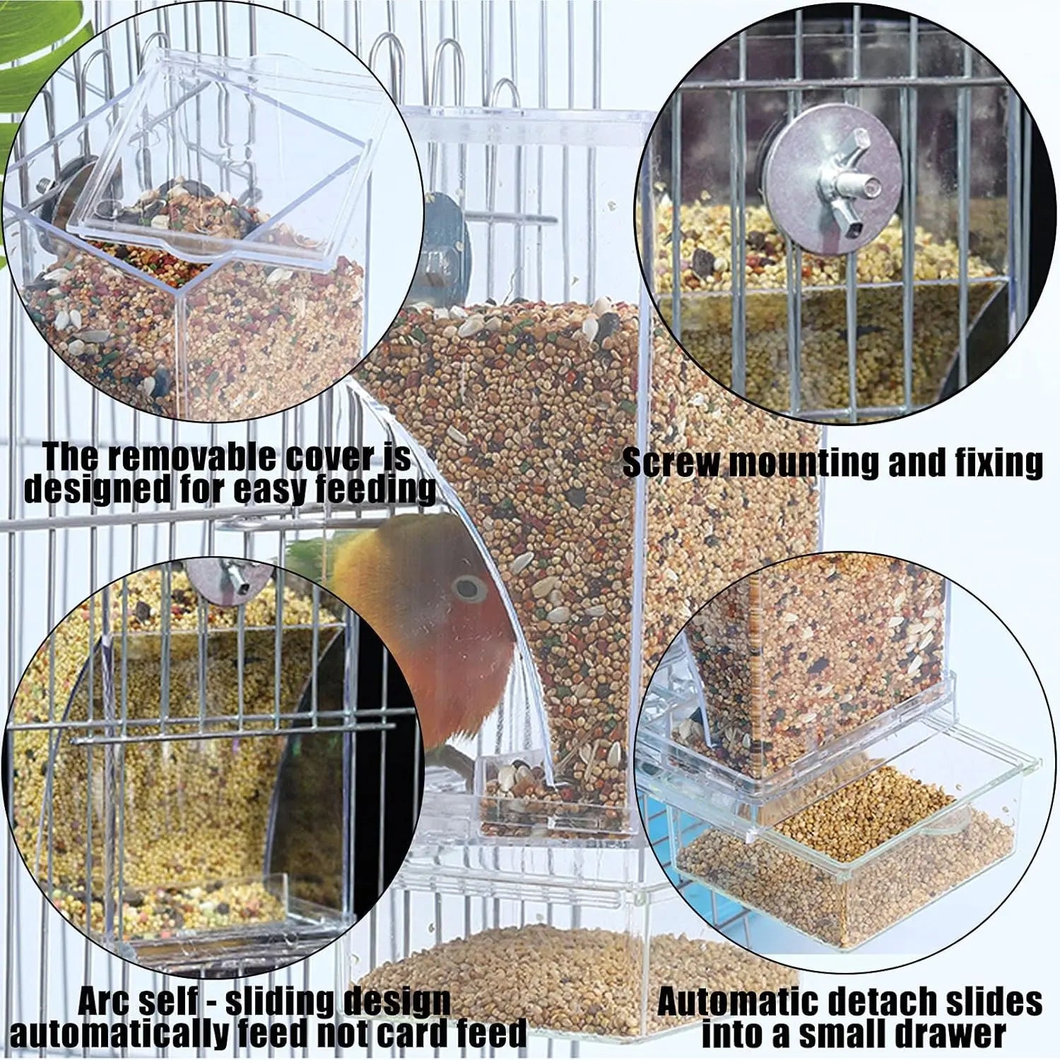 Automatic Bird Feeder Toy Transparent Acrylic Food Container for Parrots Cockatoos Canaries Cage Accessories Easy to Use