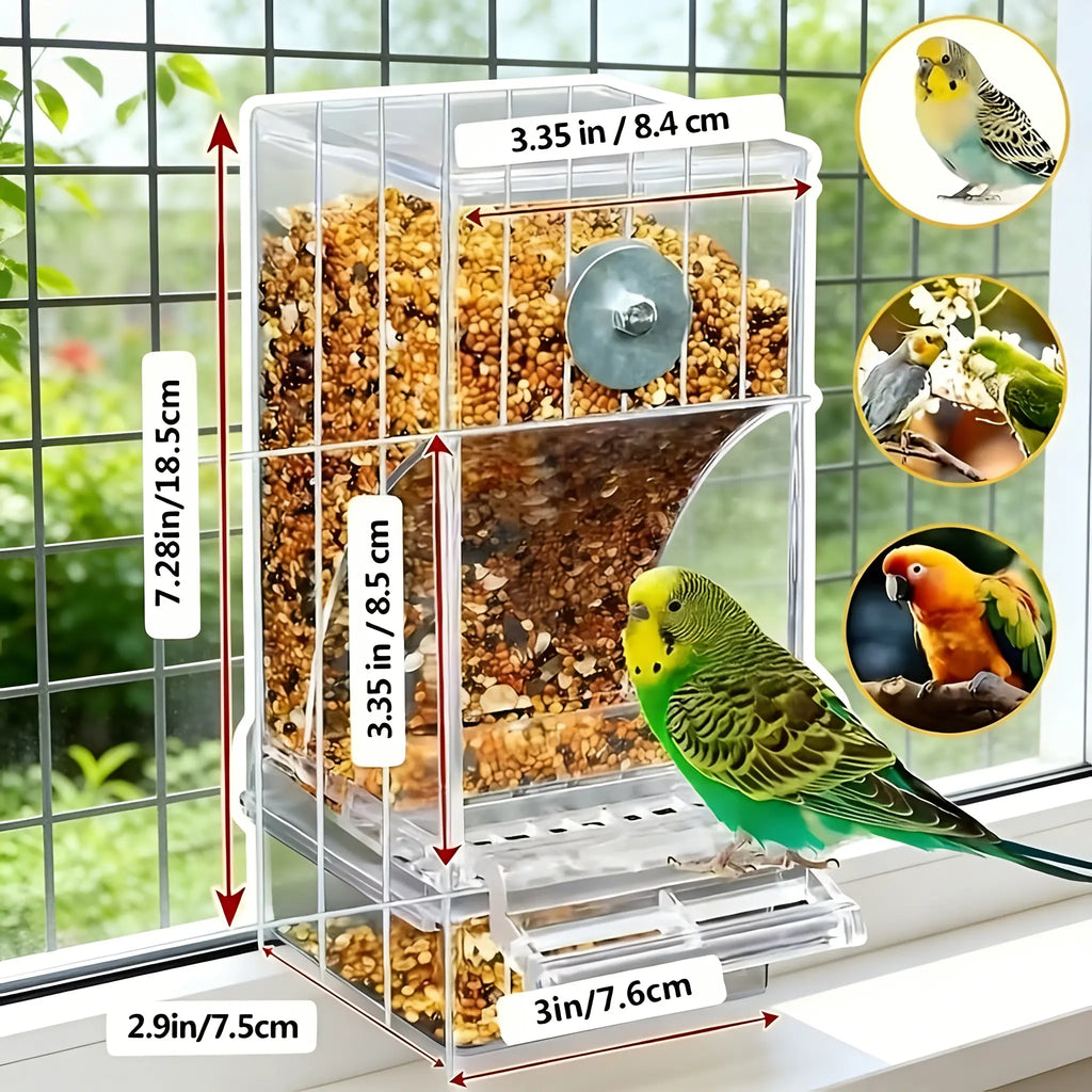 Automatic Bird Feeder Toy Transparent Acrylic Food Container for Parrots Cockatoos Canaries Cage Accessories Easy to Use