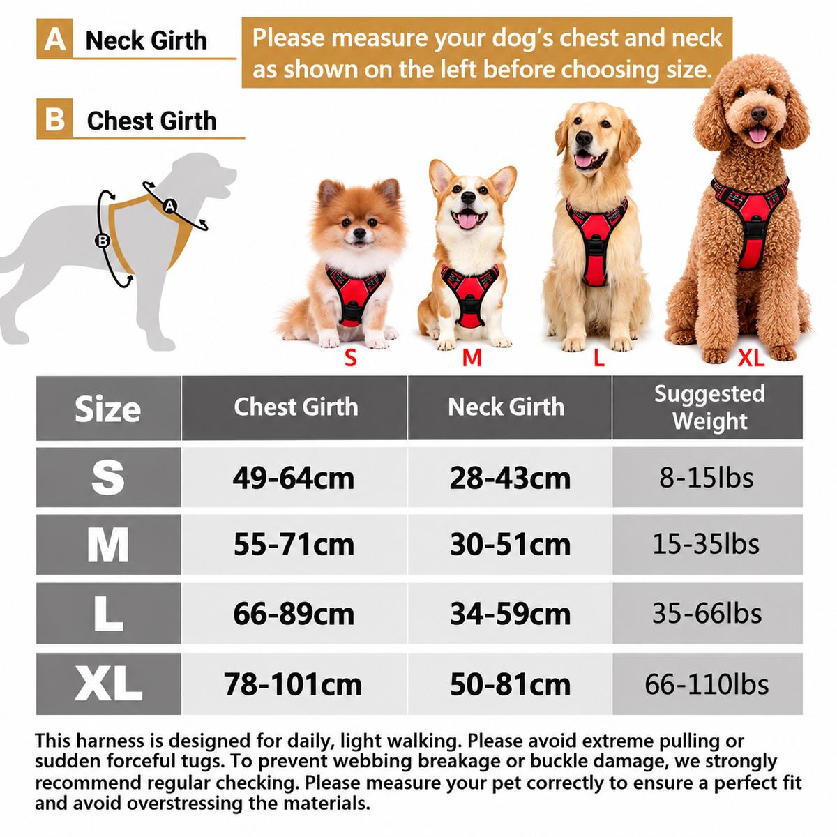 No Pull Dog Harness size chart with chest and neck measurements for S, M, L and XL