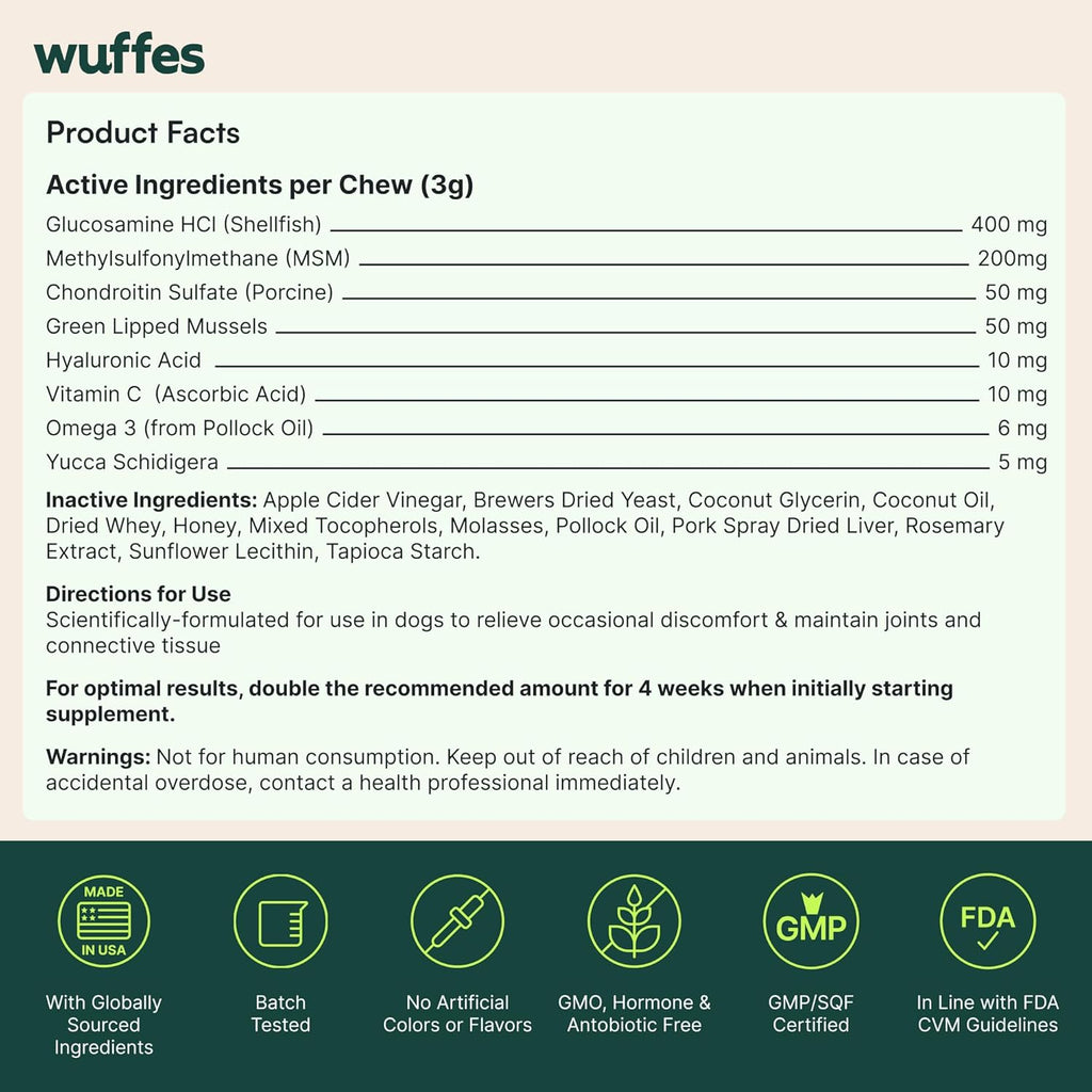 Wuffes Hip & Joint Chews for Dogs, 60ct - Glucosamine, Chondroitin & MSM - Pork Liver Flavor