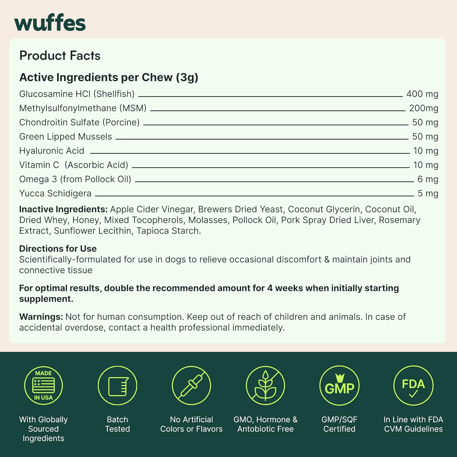Wuffes Hip & Joint Chews for Dogs, 60ct - Glucosamine, Chondroitin & MSM - Pork Liver Flavor