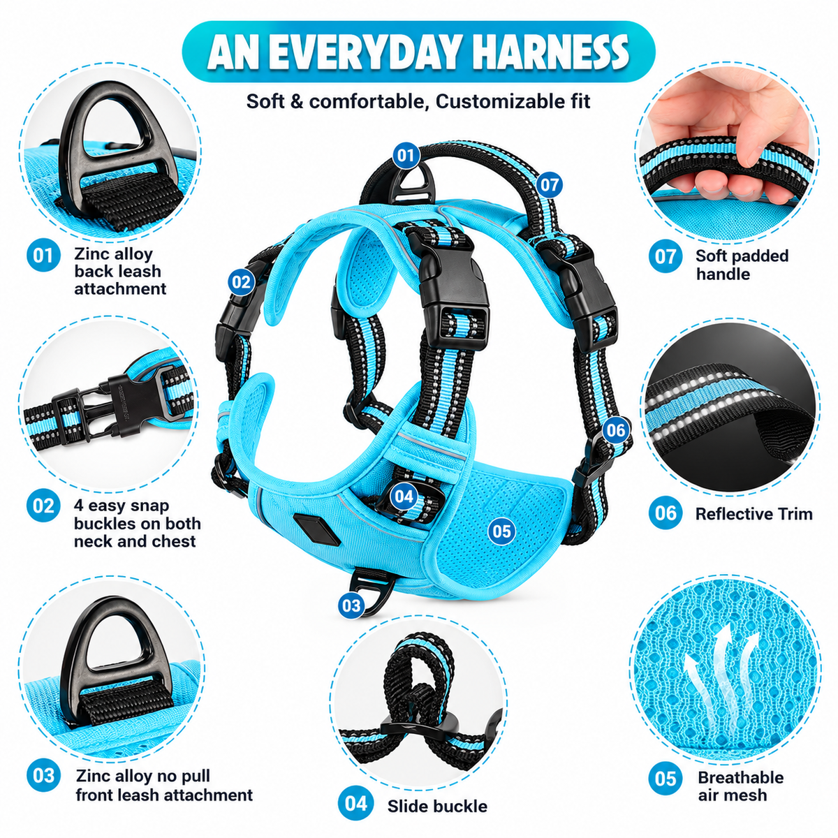 No pull metal chest clip, no-choke back clip and padded handle on the air-mesh dog harness