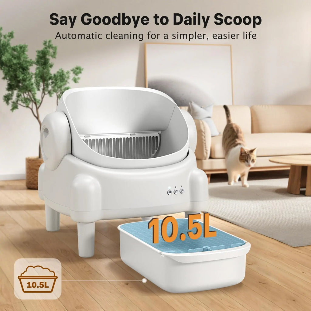 TAYACICY Self - Cleaning Litter Box Open-Top with App Control for Multiple Cats 16.5"X16.5" Entrance Dual Safety Tech 10.5L Sealed Waste Bin Cream White
