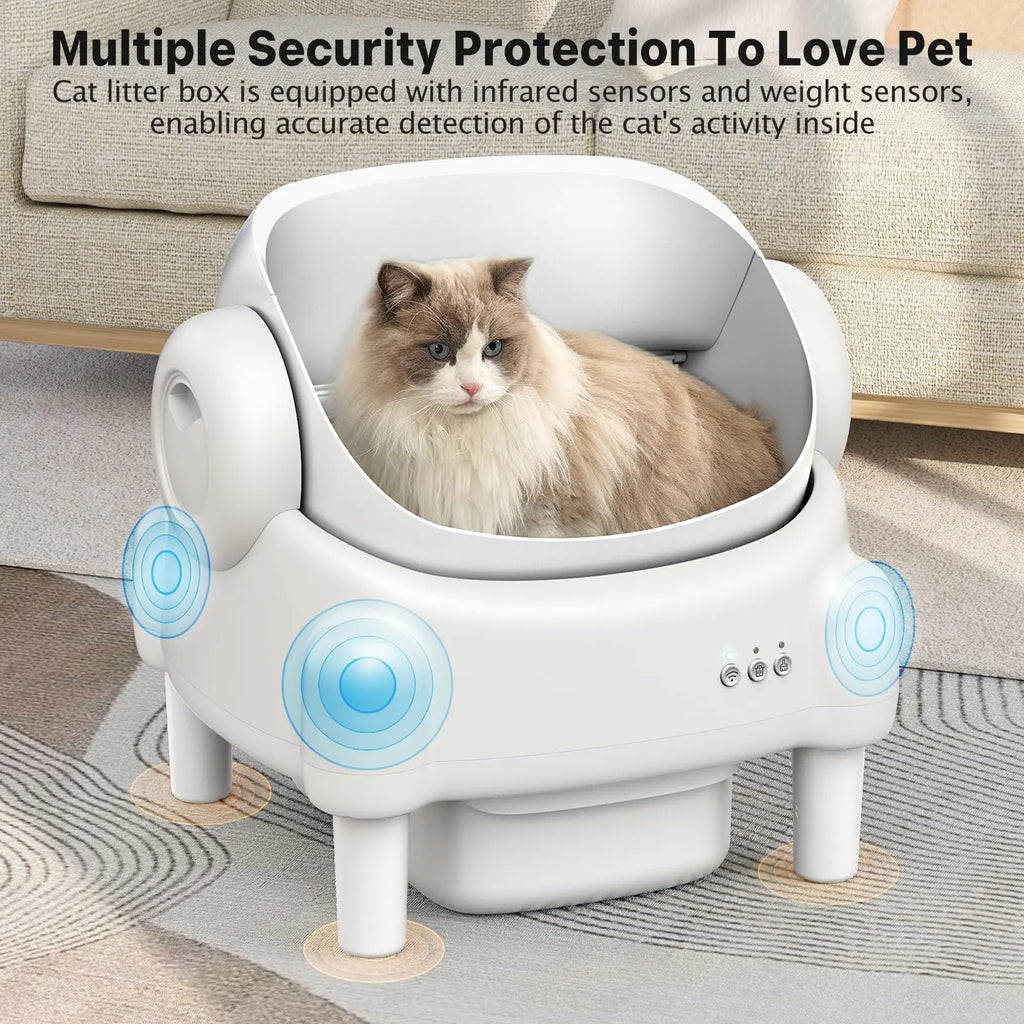 TAYACICY Self - Cleaning Litter Box Open-Top with App Control for Multiple Cats 16.5"X16.5" Entrance Dual Safety Tech 10.5L Sealed Waste Bin Cream White