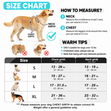 Air-mesh dog harness size chart with chest and neck girth for S, M, L and XL