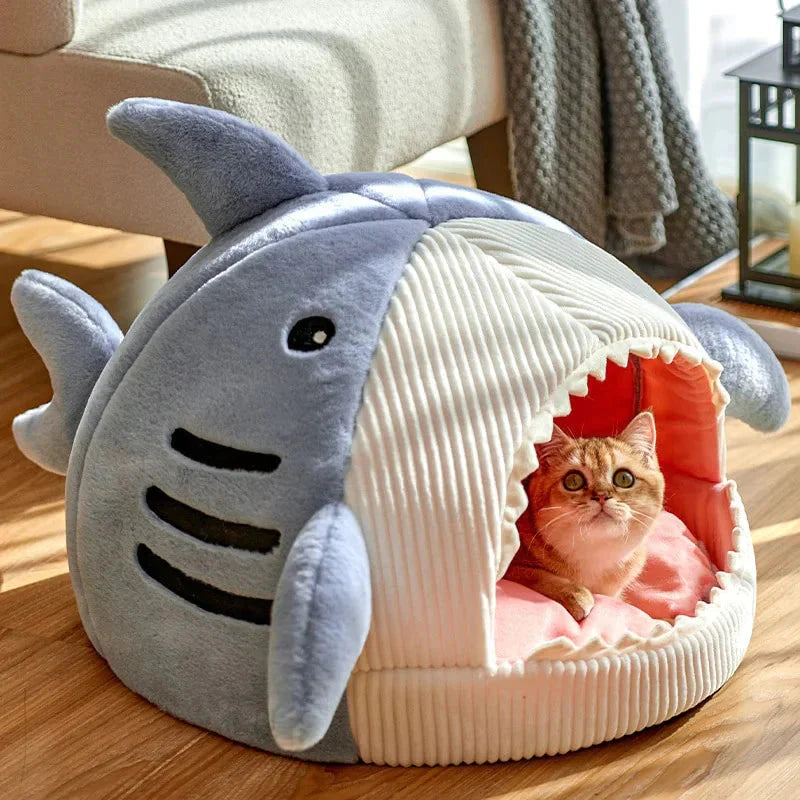 Shark pet bed in blue with a small dog curled inside