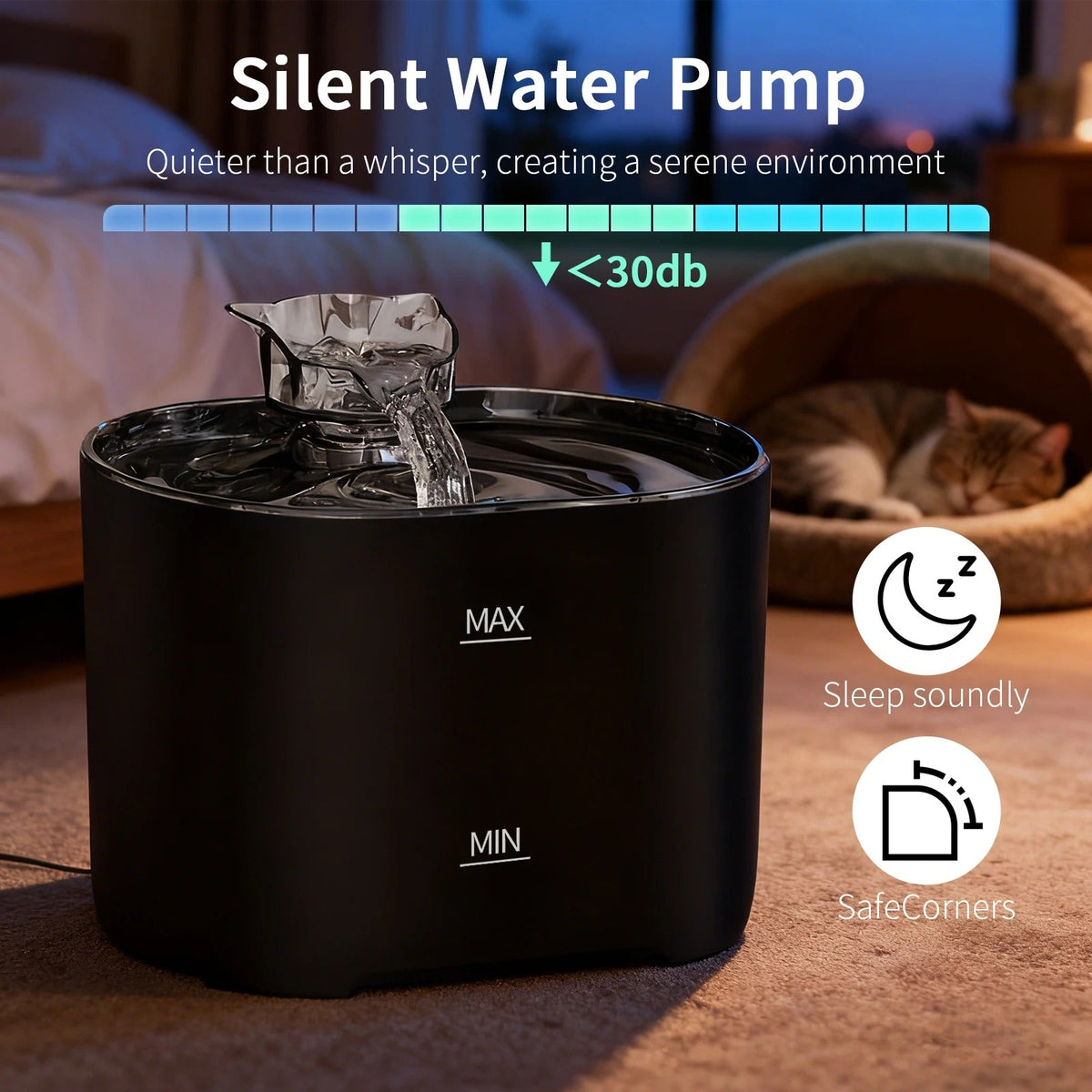 Quiet pump rated under 30 dB by the manufacturer